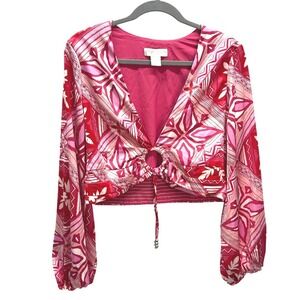Caroline Constas Crop Top Pink Tribal Print Long Sleeve Blouse Keyhole Size L